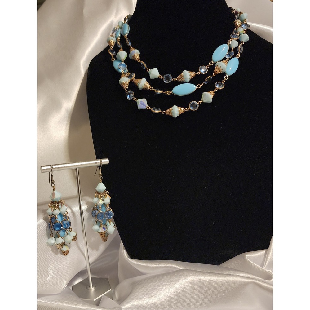 Vtg Alice Caviness Blue Glass Bead Multi Strand Necklace and Earring Set 1950's